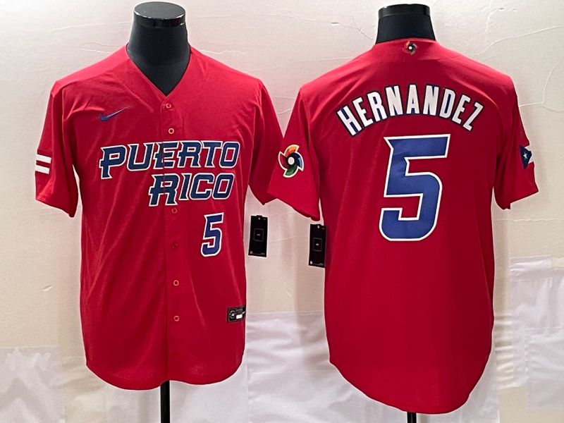 Men 2023 World Cub Puerto Rico 5 Hernandez Red Nike MLB Jersey4